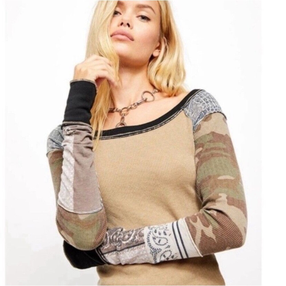 Free People Sz Small Bright Side Thermal Top Willow Combo Camo Long Sleeve